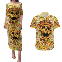 Skull Pizza Pattern Couples Matching Puletasi Dress and Hawaiian Shirt Rest in pizza - Wonder Print Shop