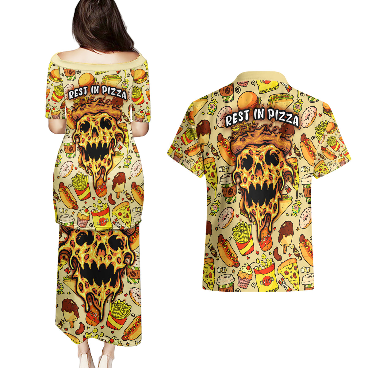 Skull Pizza Pattern Couples Matching Puletasi Dress and Hawaiian Shirt Rest in pizza - Wonder Print Shop