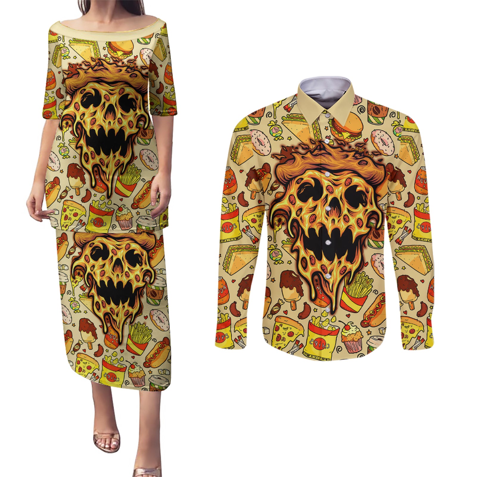 Skull Pizza Pattern Couples Matching Puletasi Dress and Long Sleeve Button Shirts Rest in pizza - Wonder Print Shop