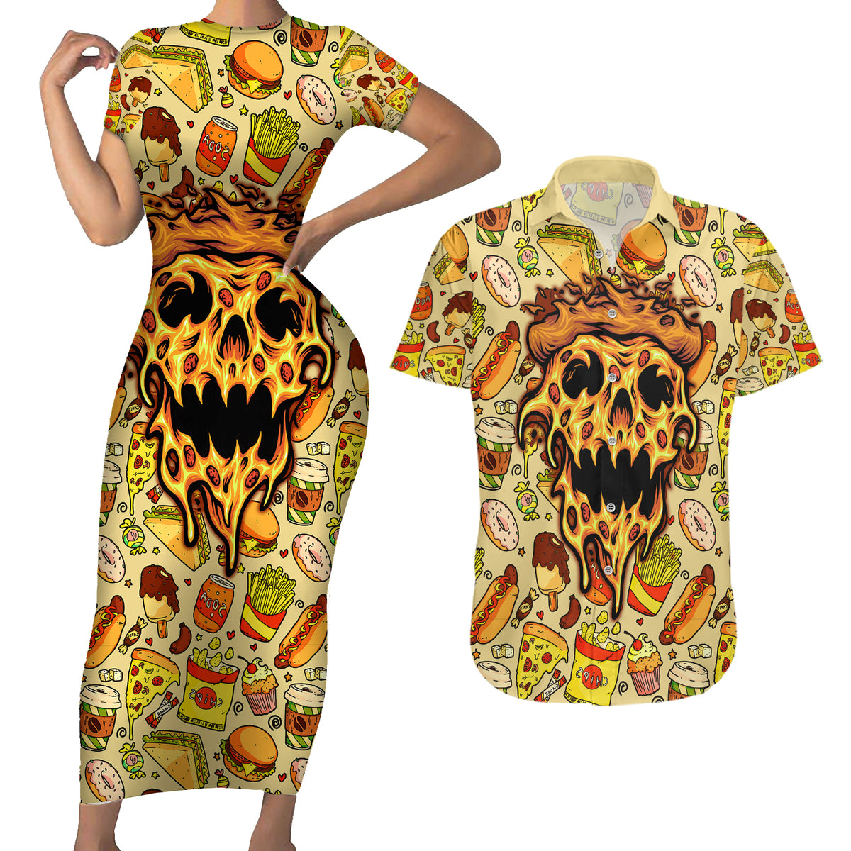 Skull Pizza Pattern Couples Matching Short Sleeve Bodycon Dress and Hawaiian Shirt Rest in pizza - Wonder Print Shop