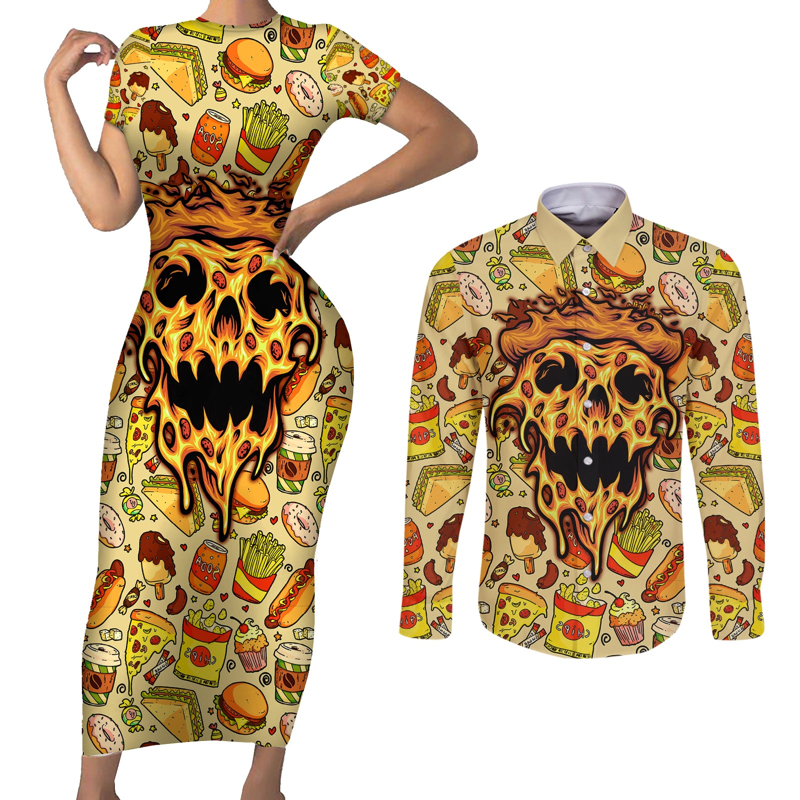 Skull Pizza Pattern Couples Matching Short Sleeve Bodycon Dress and Long Sleeve Button Shirts Rest in pizza - Wonder Print Shop