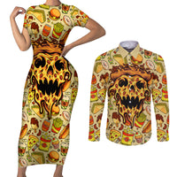 Skull Pizza Pattern Couples Matching Short Sleeve Bodycon Dress and Long Sleeve Button Shirts Rest in pizza - Wonder Print Shop