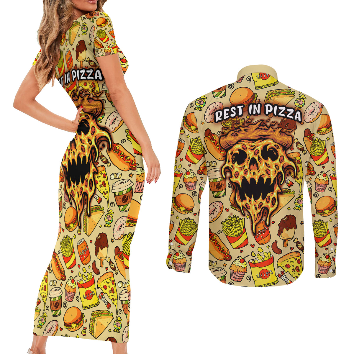 Skull Pizza Pattern Couples Matching Short Sleeve Bodycon Dress and Long Sleeve Button Shirts Rest in pizza - Wonder Print Shop