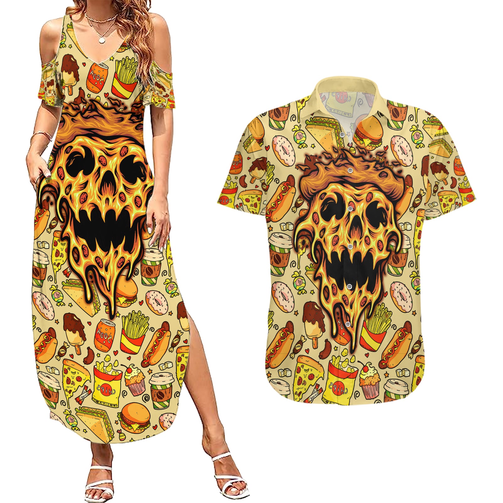 Skull Pizza Pattern Couples Matching Summer Maxi Dress and Hawaiian Shirt Rest in pizza - Wonder Print Shop