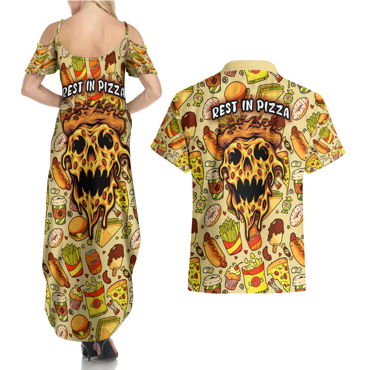 Skull Pizza Pattern Couples Matching Summer Maxi Dress and Hawaiian Shirt Rest in pizza - Wonder Print Shop