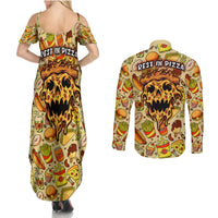 Skull Pizza Pattern Couples Matching Summer Maxi Dress and Long Sleeve Button Shirts Rest in pizza - Wonder Print Shop