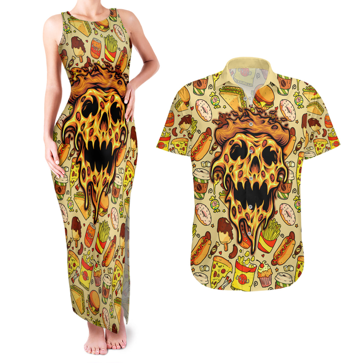 Skull Pizza Pattern Couples Matching Tank Maxi Dress and Hawaiian Shirt Rest in pizza - Wonder Print Shop