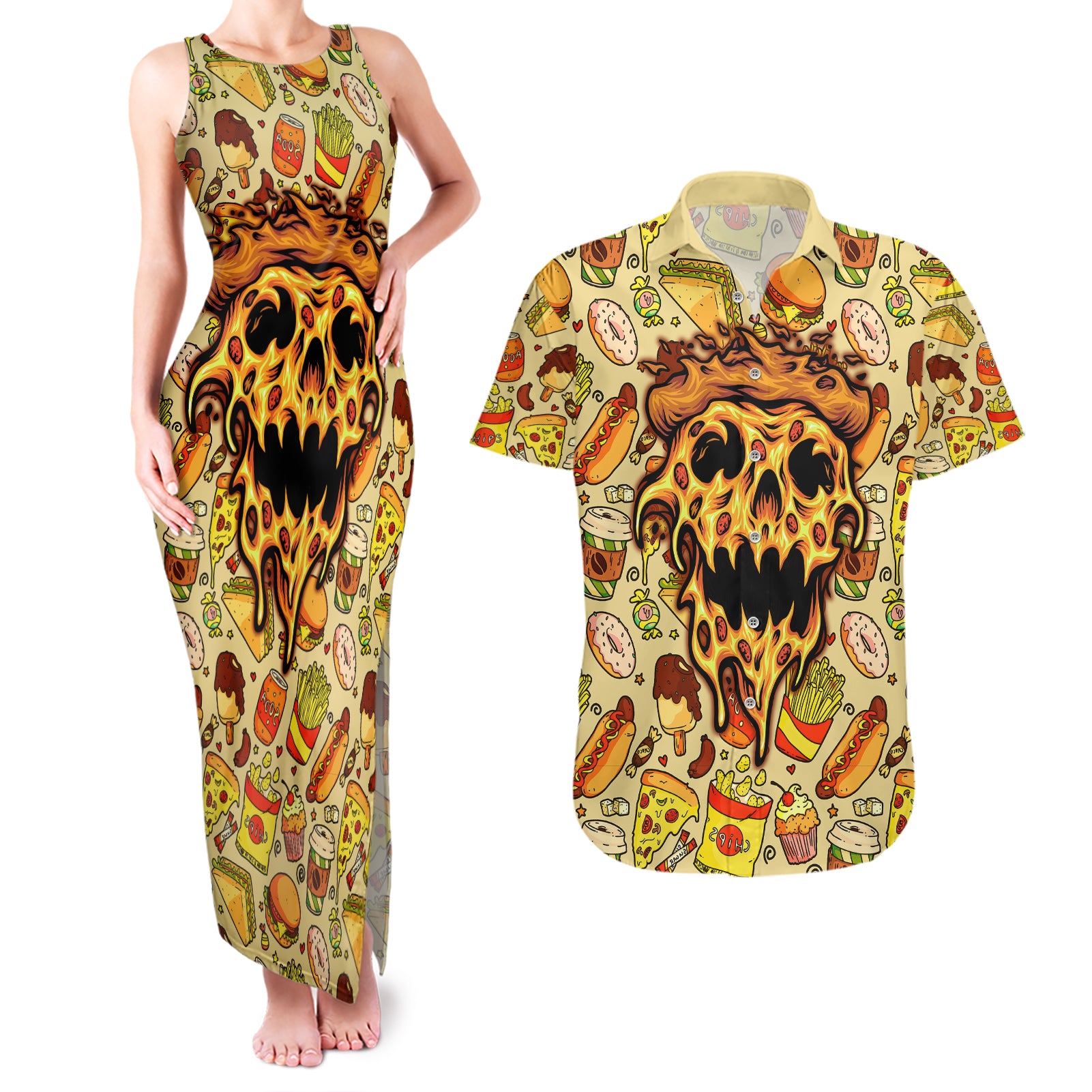Skull Pizza Pattern Couples Matching Tank Maxi Dress and Hawaiian Shirt Rest in pizza - Wonder Print Shop