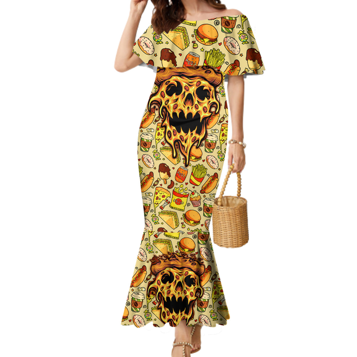 Skull Pizza Pattern Family Matching Mermaid Dress and Hawaiian Shirt Rest in pizza - Wonder Print Shop
