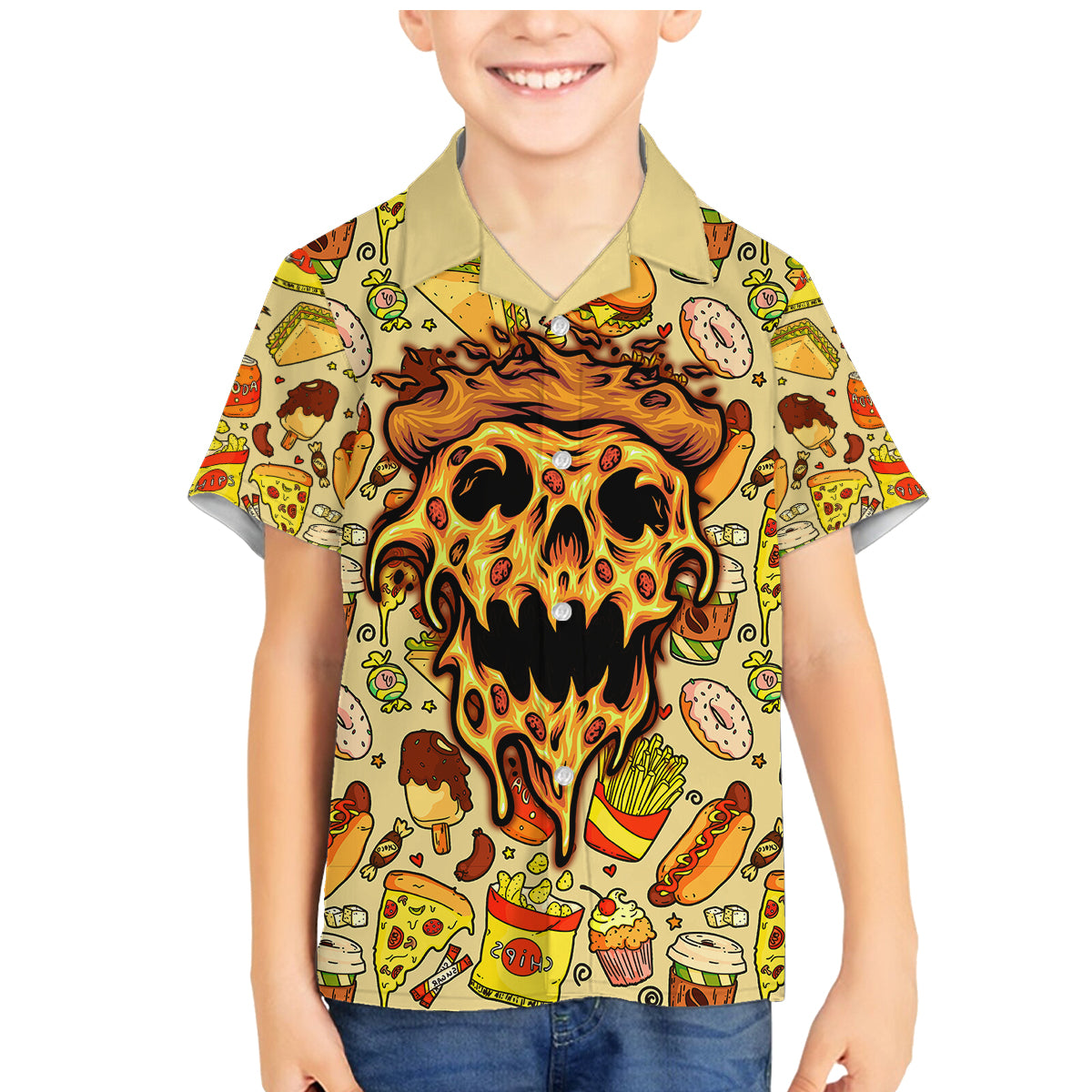 Skull Pizza Pattern Family Matching Mermaid Dress and Hawaiian Shirt Rest in pizza - Wonder Print Shop