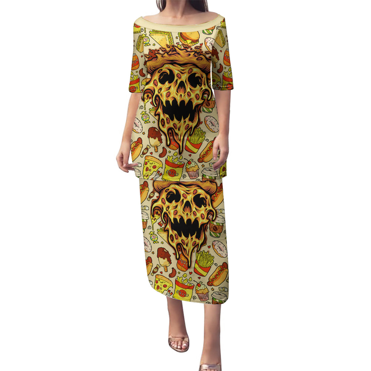 Skull Pizza Pattern Family Matching Puletasi Dress and Hawaiian Shirt Rest in pizza - Wonder Print Shop
