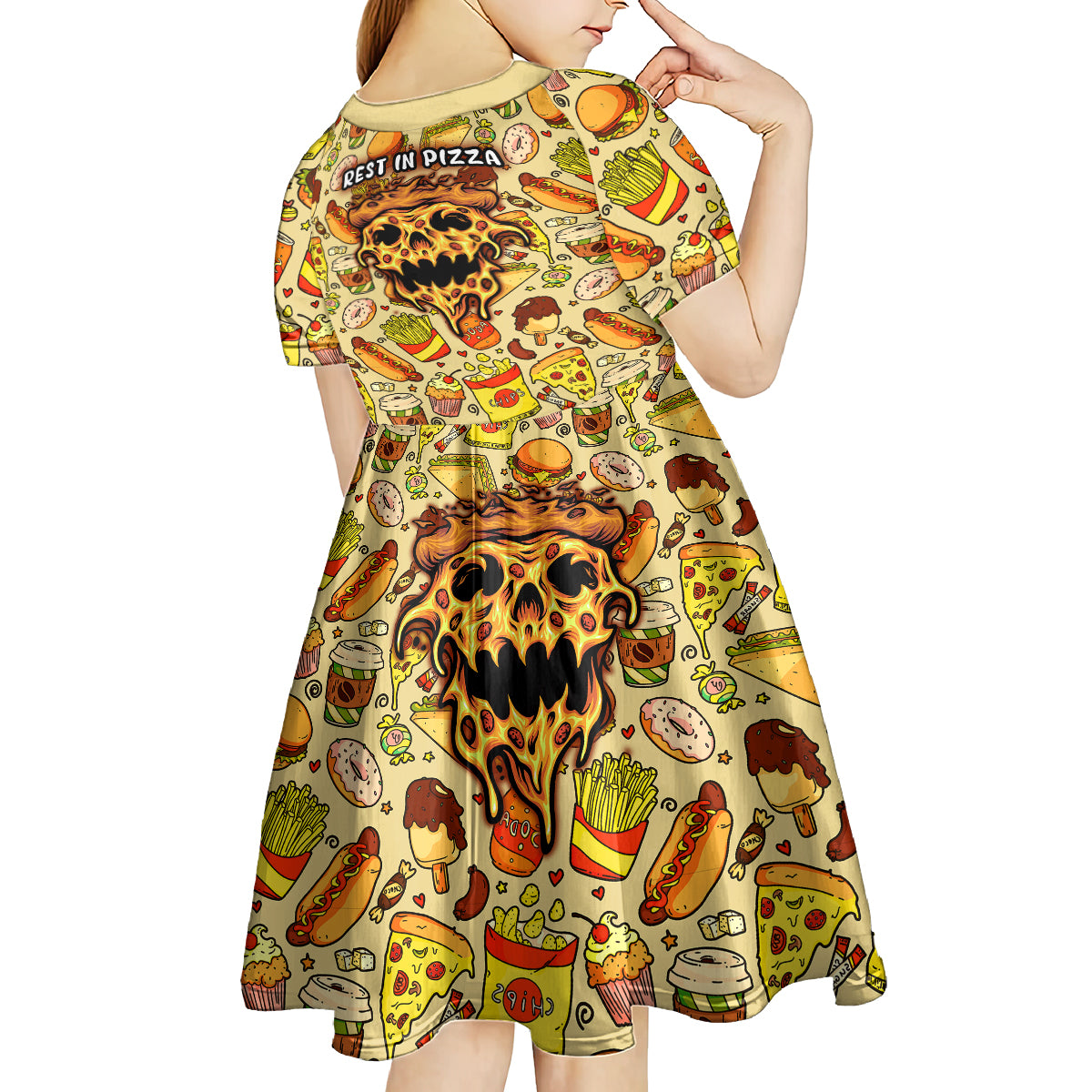 Skull Pizza Pattern Kid Short Sleeve Dress Rest in pizza - Wonder Print Shop