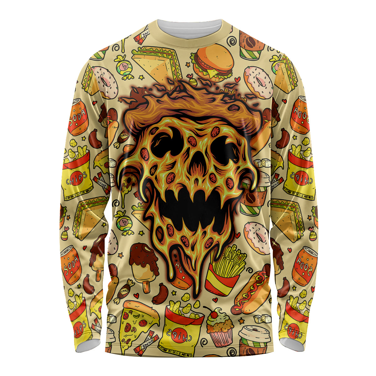 Skull Pizza Pattern Long Sleeve Shirt Rest in pizza - Wonder Print Shop