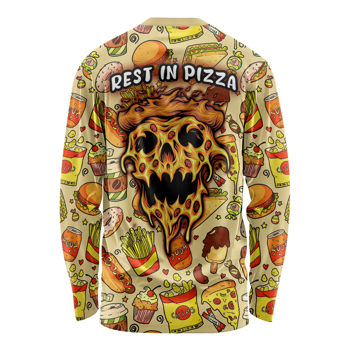 Skull Pizza Pattern Long Sleeve Shirt Rest in pizza - Wonder Print Shop
