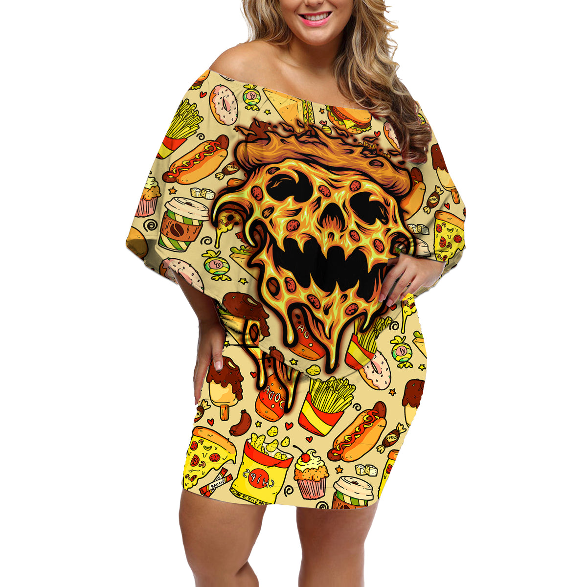 Skull Pizza Pattern Off Shoulder Short Dress Rest in pizza - Wonder Print Shop