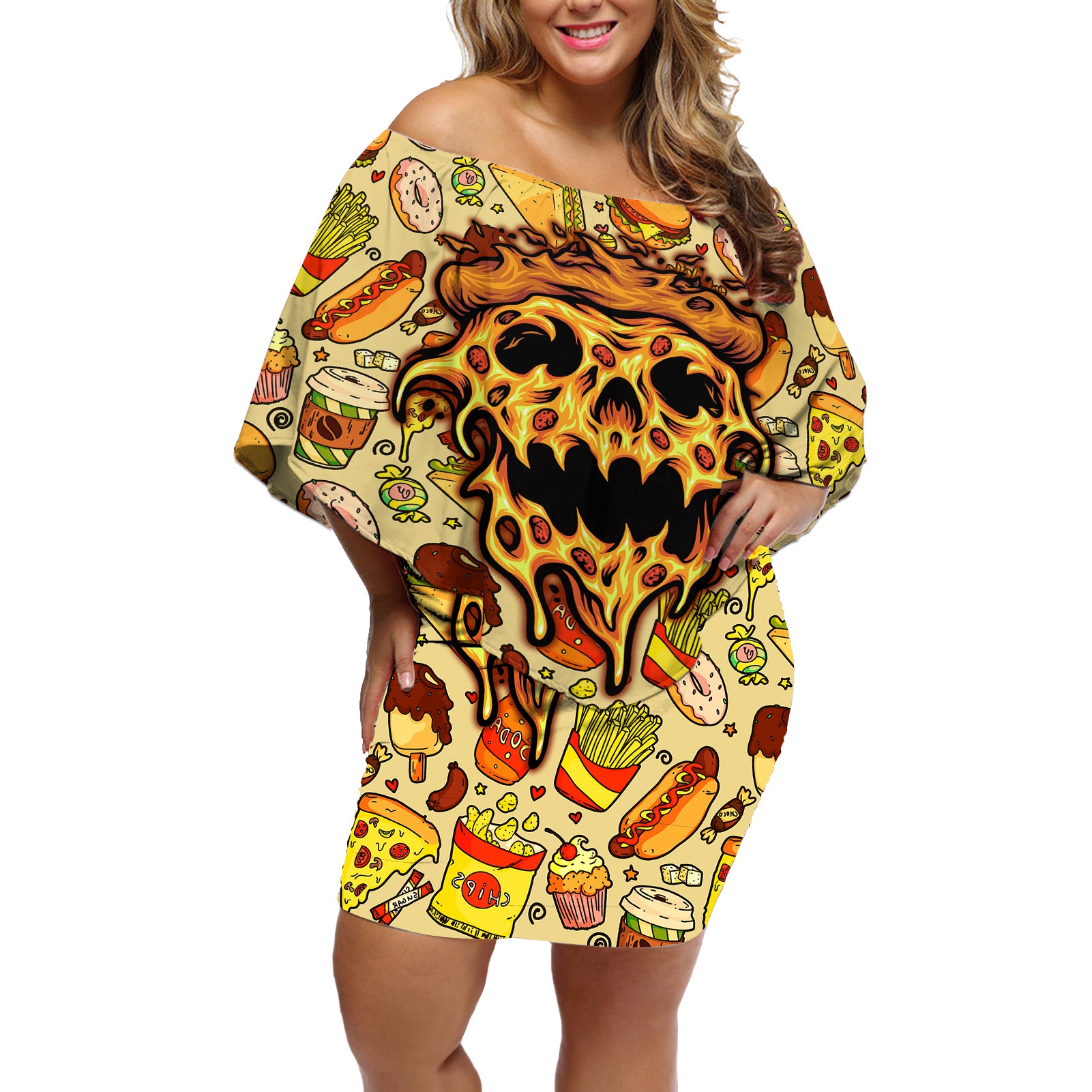 Skull Pizza Pattern Off Shoulder Short Dress Rest in pizza - Wonder Print Shop