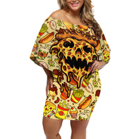 Skull Pizza Pattern Off Shoulder Short Dress Rest in pizza - Wonder Print Shop