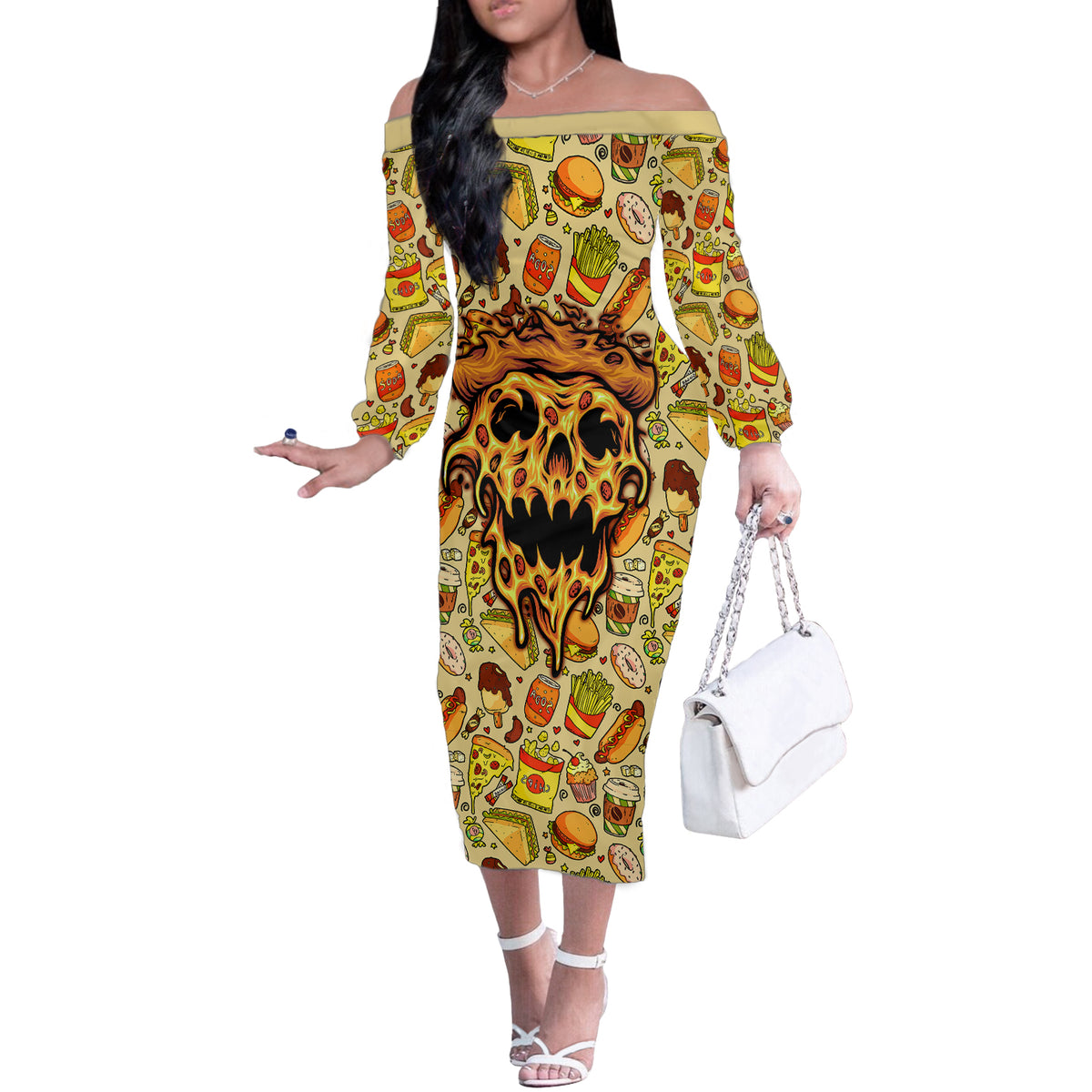 Skull Pizza Pattern Off The Shoulder Long Sleeve Dress Rest in pizza - Wonder Print Shop