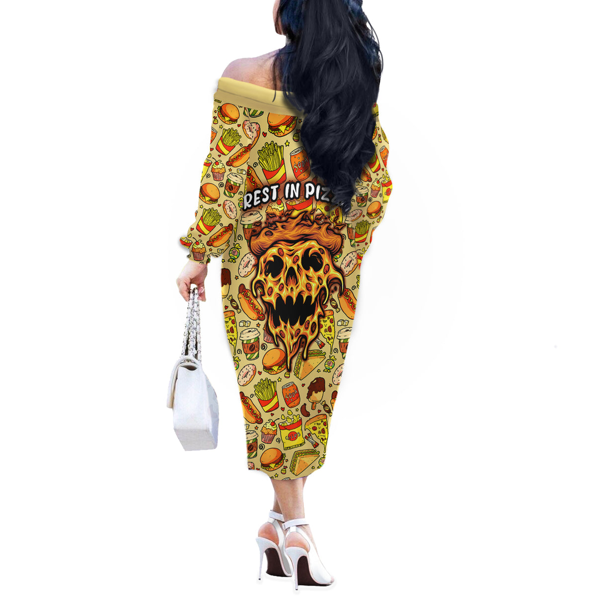 Skull Pizza Pattern Off The Shoulder Long Sleeve Dress Rest in pizza - Wonder Print Shop