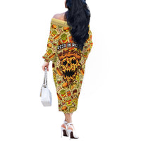 Skull Pizza Pattern Off The Shoulder Long Sleeve Dress Rest in pizza - Wonder Print Shop