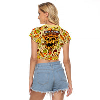 Skull Pizza Pattern Raglan Cropped T Shirt Rest in pizza - Wonder Print Shop