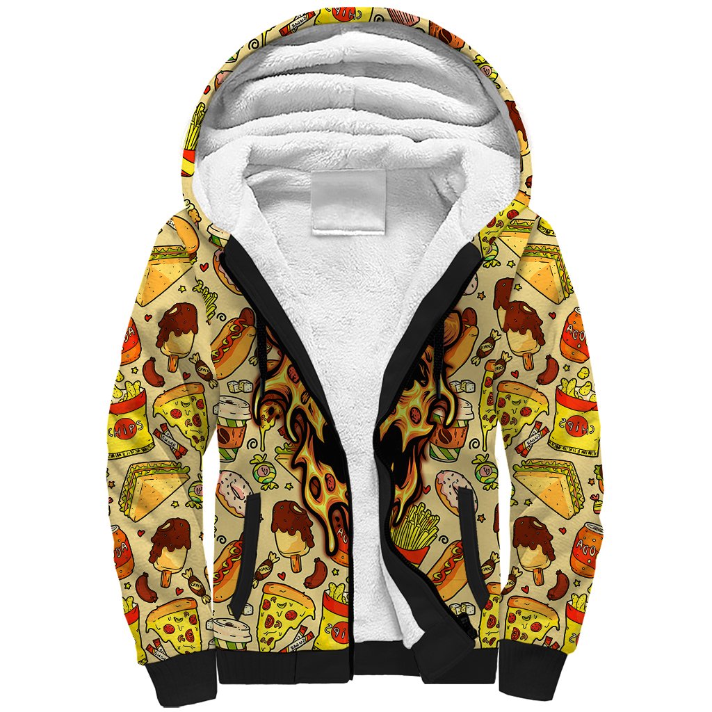 Skull Pizza Pattern Sherpa Hoodie Rest in pizza - Wonder Print Shop