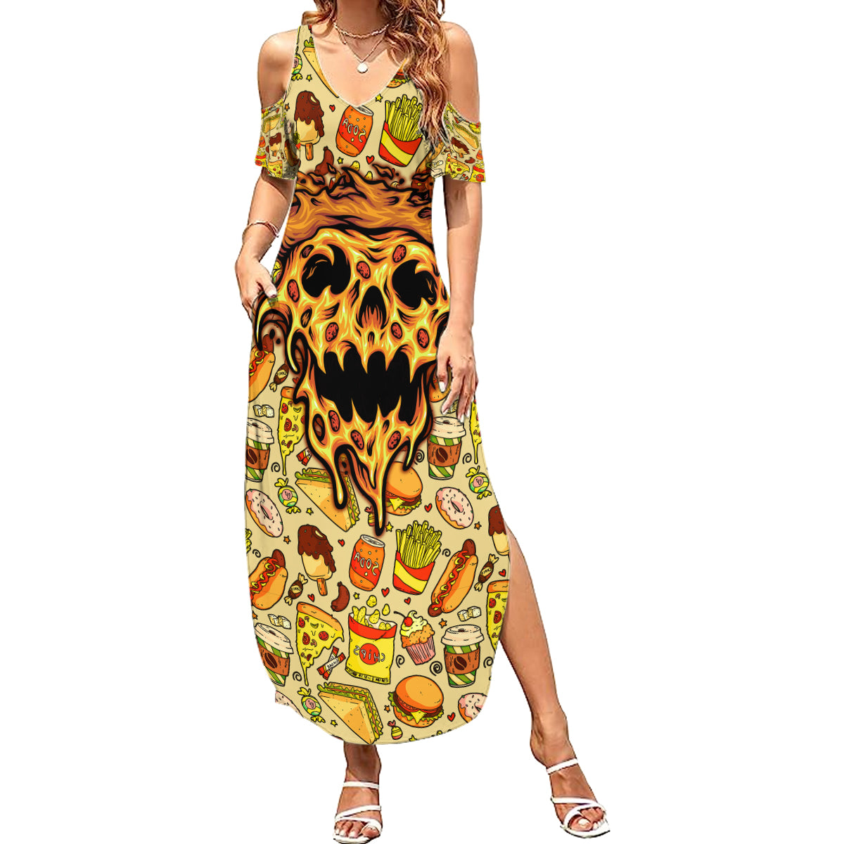 Skull Pizza Pattern Summer Maxi Dress Rest in pizza - Wonder Print Shop