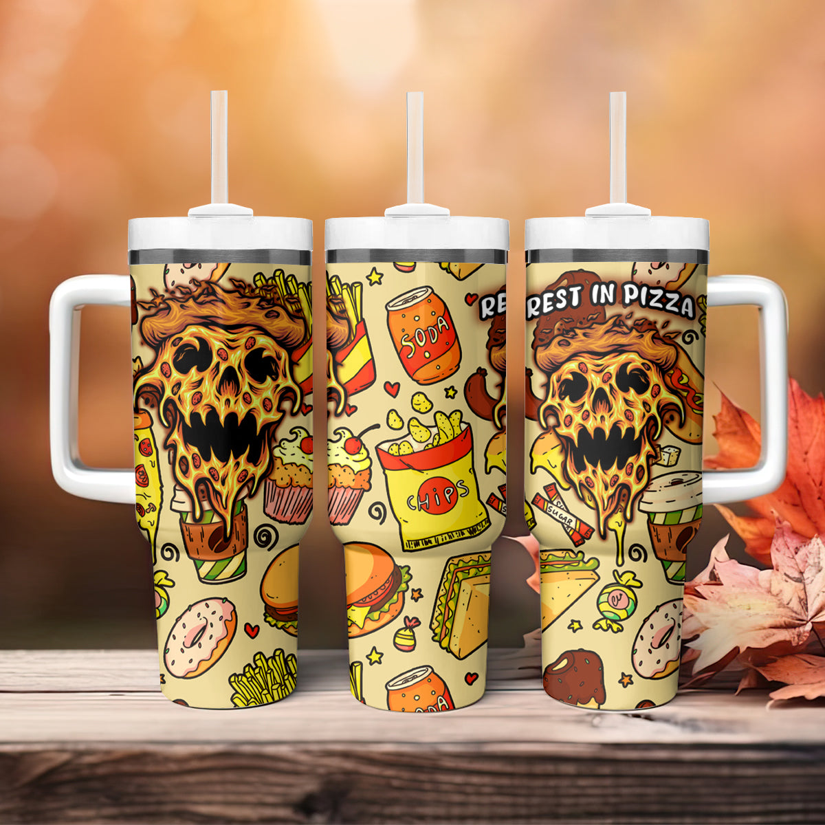 Skull Pizza Pattern Tumbler With Handle Rest in pizza - Wonder Print Shop