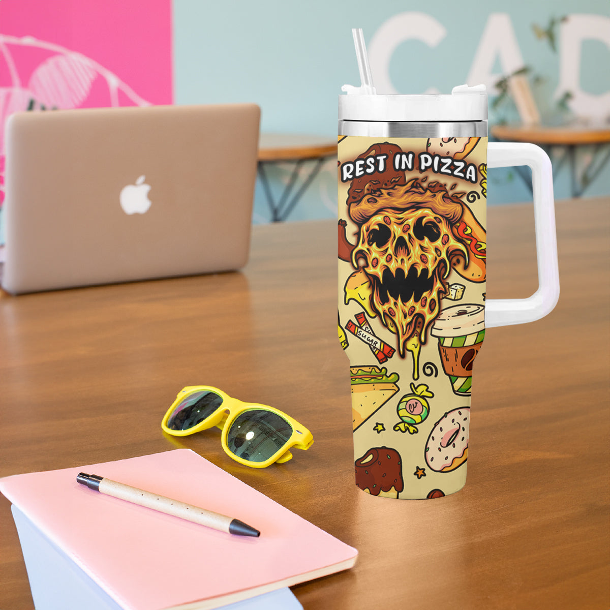 Skull Pizza Pattern Tumbler With Handle Rest in pizza - Wonder Print Shop