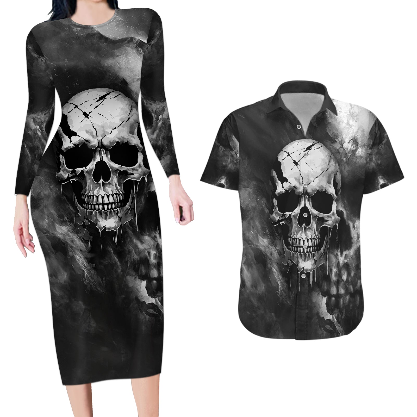 Skull Grunge Pattern Couples Matching Long Sleeve Bodycon Dress and Hawaiian Shirt Warning I'm an Asshole - Wonder Print Shop