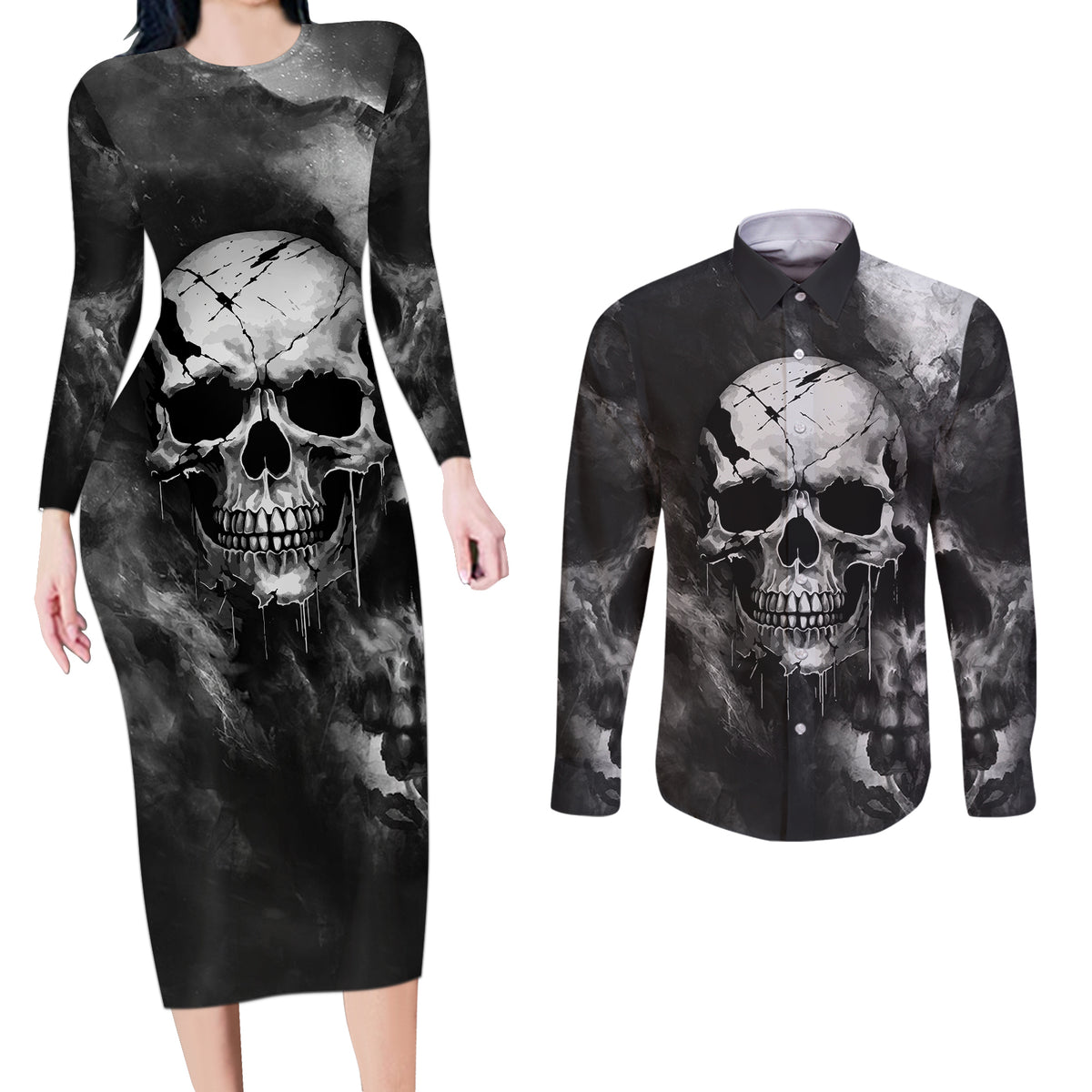 Skull Grunge Pattern Couples Matching Long Sleeve Bodycon Dress and Long Sleeve Button Shirts Warning I'm an Asshole - Wonder Print Shop