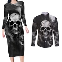 Skull Grunge Pattern Couples Matching Long Sleeve Bodycon Dress and Long Sleeve Button Shirts Warning I'm an Asshole - Wonder Print Shop