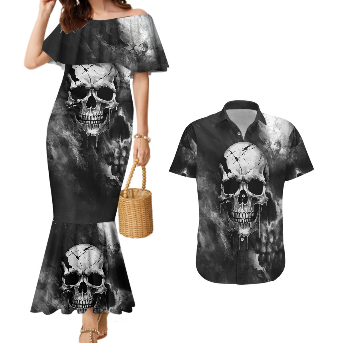 Skull Grunge Pattern Couples Matching Mermaid Dress and Hawaiian Shirt Warning I'm an Asshole - Wonder Print Shop