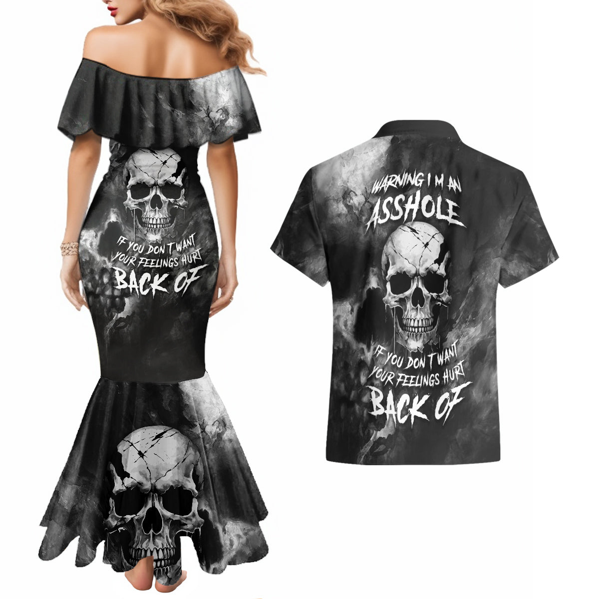 Skull Grunge Pattern Couples Matching Mermaid Dress and Hawaiian Shirt Warning I'm an Asshole - Wonder Print Shop