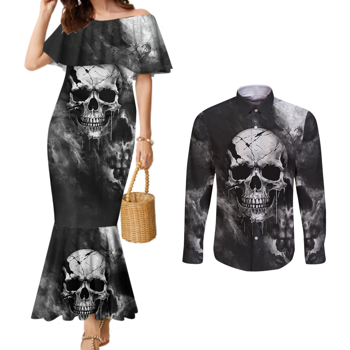 skull-grunge-pattern-couples-matching-mermaid-dress-and-long-sleeve-button-shirts-warning-im-an-asshole