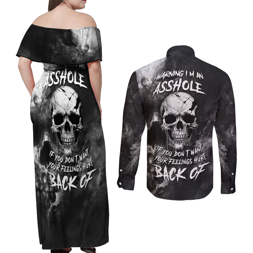 Skull Grunge Pattern Couples Matching Off Shoulder Maxi Dress and Long Sleeve Button Shirts Warning I'm an Asshole - Wonder Print Shop