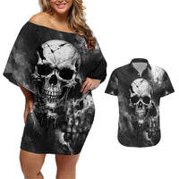 Skull Grunge Pattern Couples Matching Off Shoulder Short Dress and Hawaiian Shirt Warning I'm an Asshole - Wonder Print Shop
