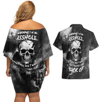 Skull Grunge Pattern Couples Matching Off Shoulder Short Dress and Hawaiian Shirt Warning I'm an Asshole - Wonder Print Shop