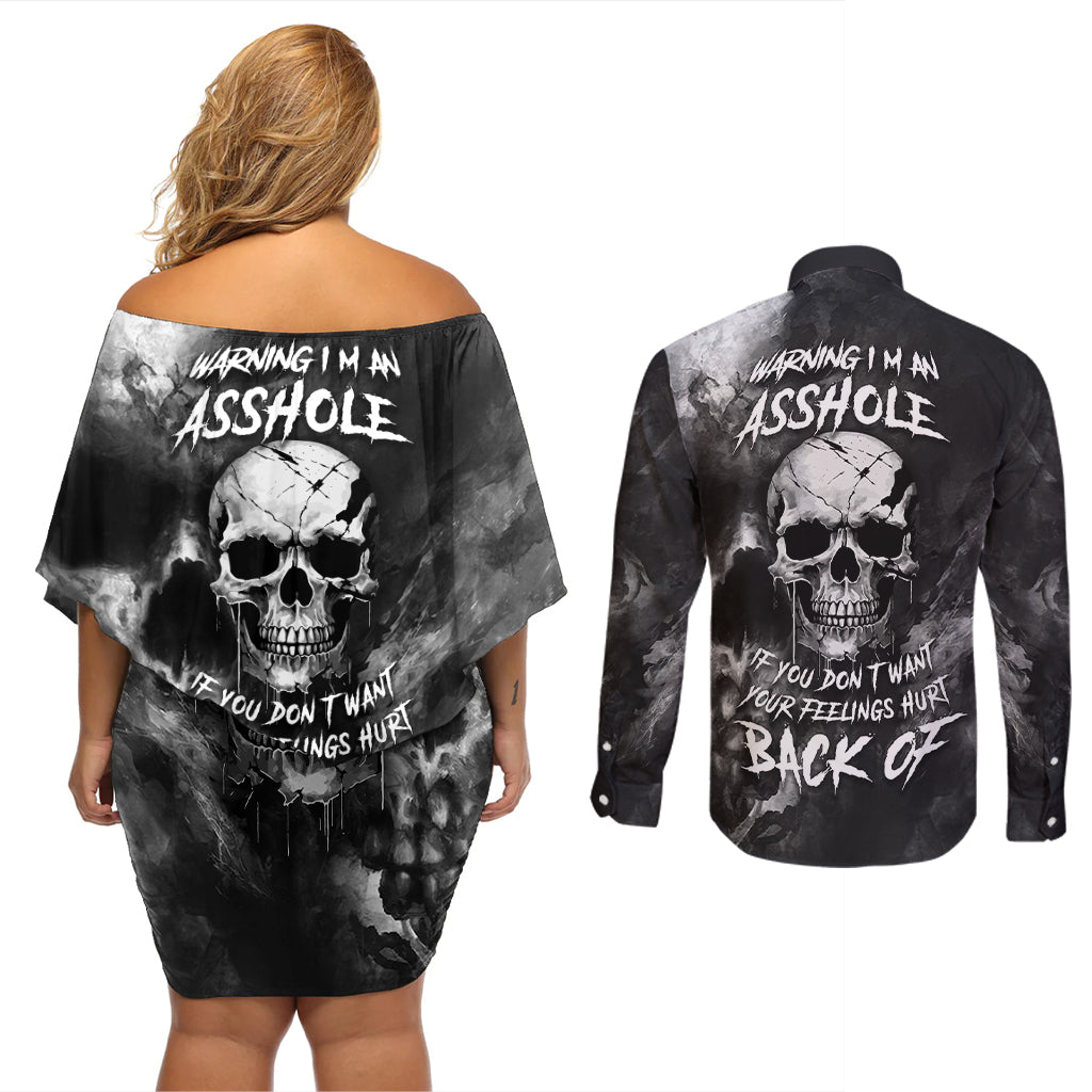 Skull Grunge Pattern Couples Matching Off Shoulder Short Dress and Long Sleeve Button Shirts Warning I'm an Asshole - Wonder Print Shop