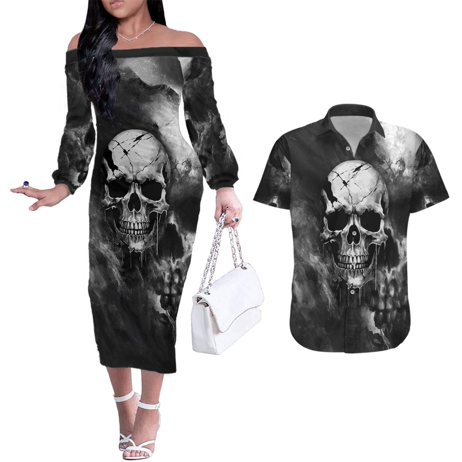 Skull Grunge Pattern Couples Matching Off The Shoulder Long Sleeve Dress and Hawaiian Shirt Warning I'm an Asshole - Wonder Print Shop
