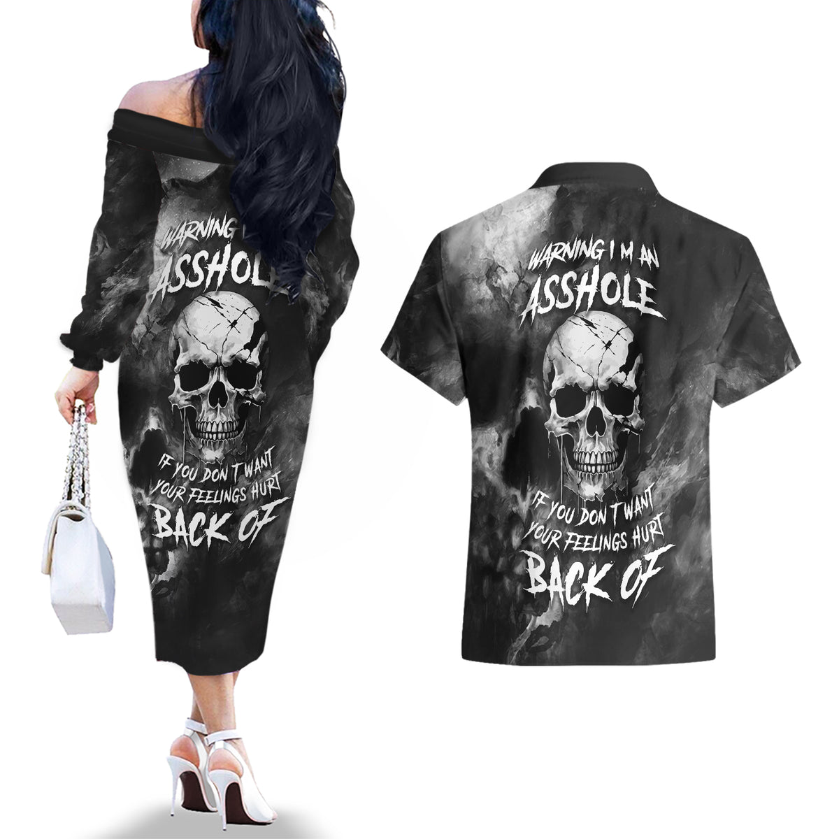 Skull Grunge Pattern Couples Matching Off The Shoulder Long Sleeve Dress and Hawaiian Shirt Warning I'm an Asshole - Wonder Print Shop