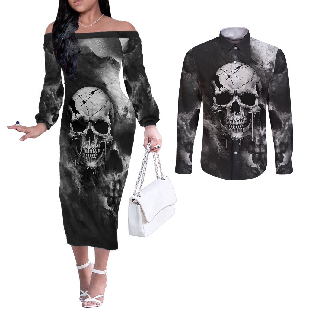 skull-grunge-pattern-couples-matching-off-the-shoulder-long-sleeve-dress-and-long-sleeve-button-shirts-warning-im-an-asshole