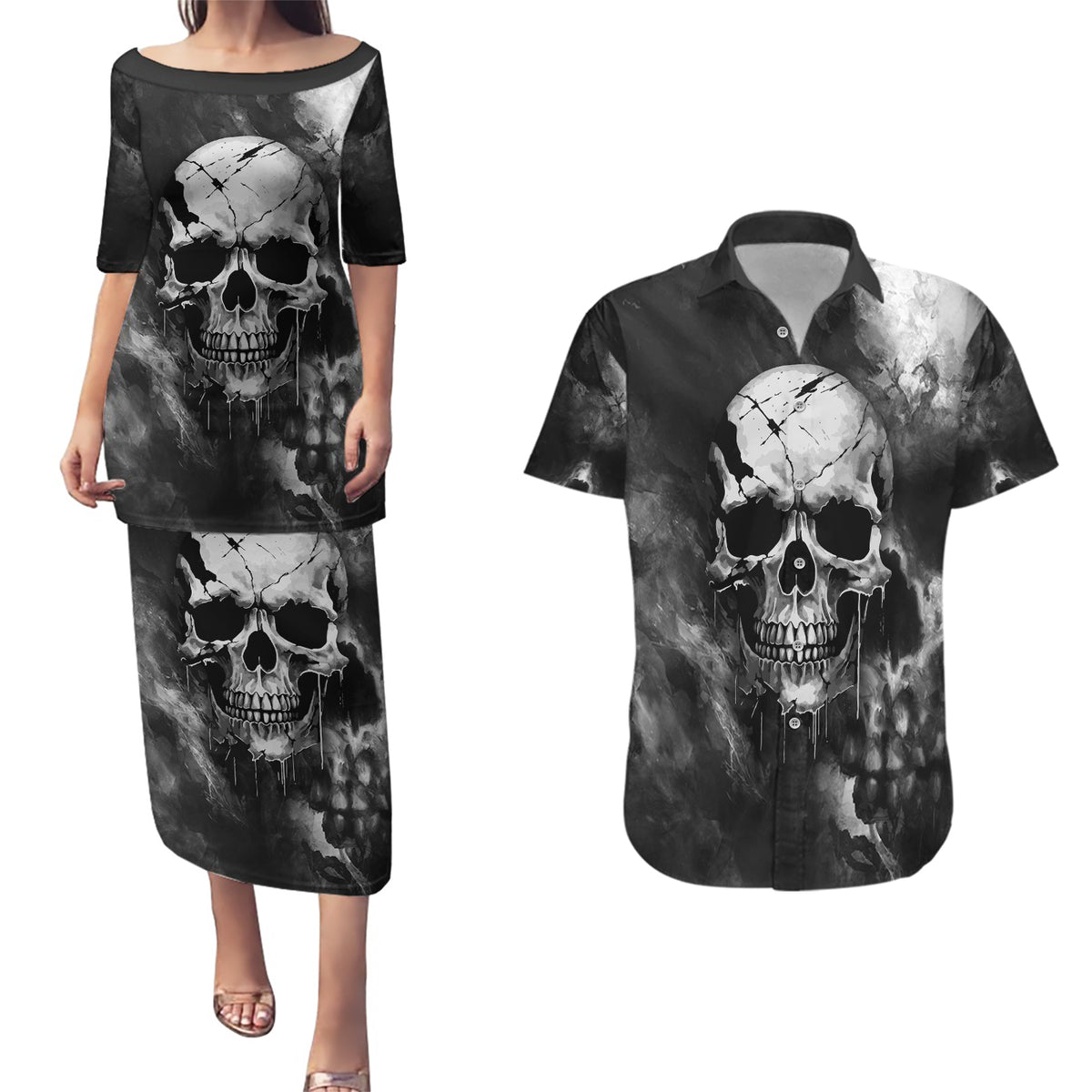 Skull Grunge Pattern Couples Matching Puletasi Dress and Hawaiian Shirt Warning I'm an Asshole - Wonder Print Shop
