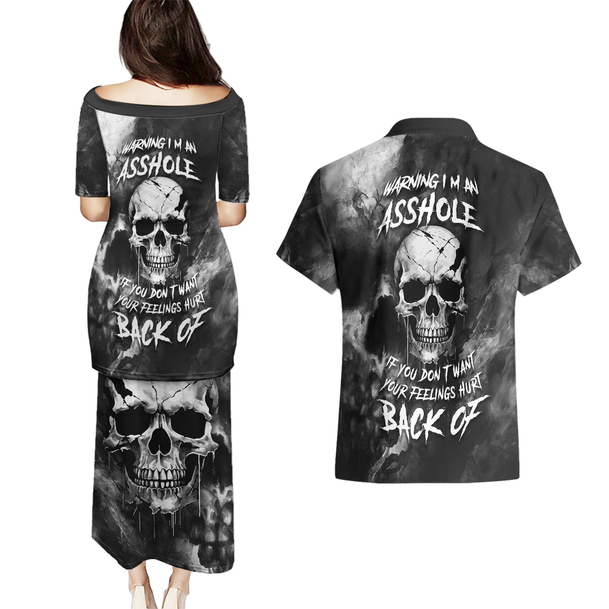 Skull Grunge Pattern Couples Matching Puletasi Dress and Hawaiian Shirt Warning I'm an Asshole - Wonder Print Shop