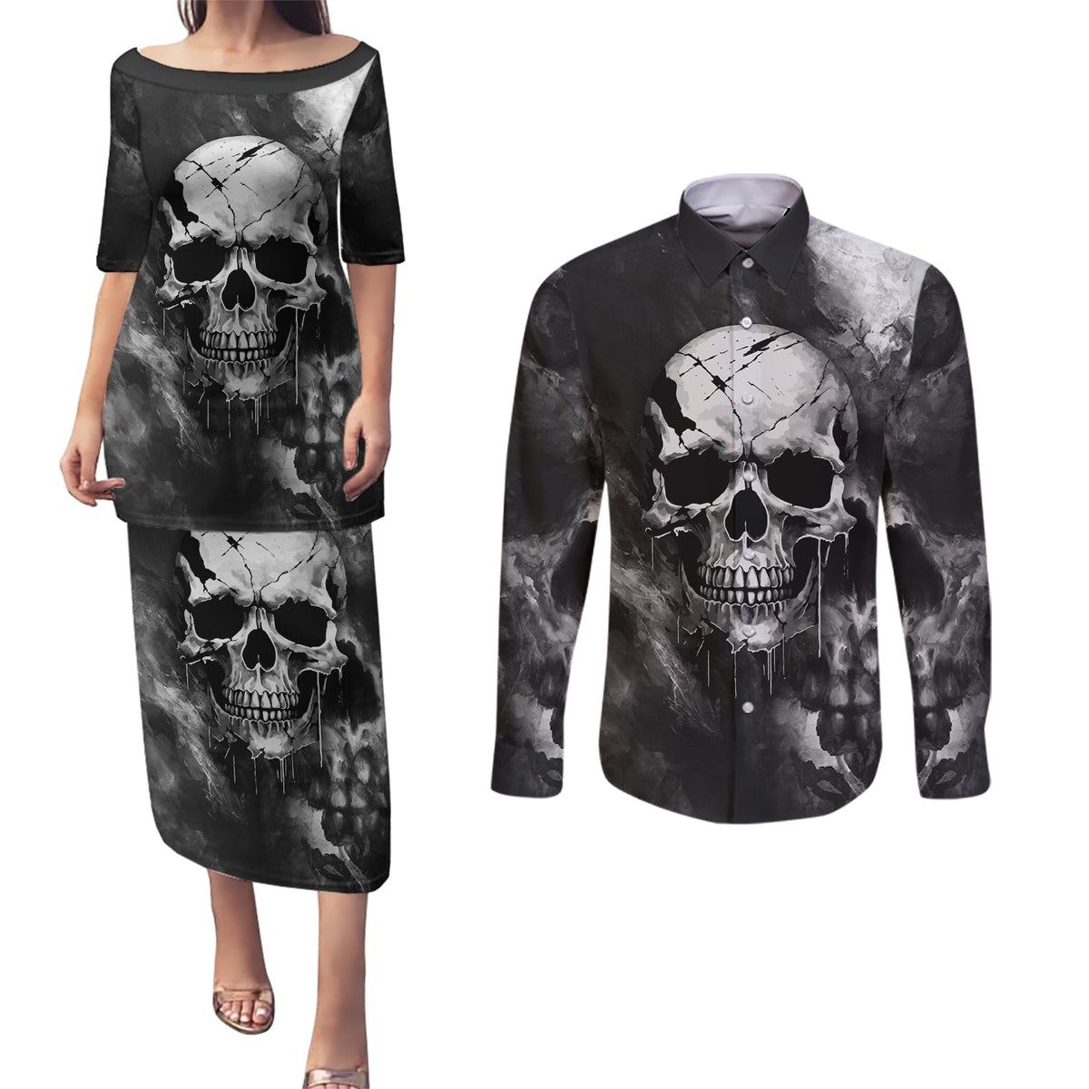 Skull Grunge Pattern Couples Matching Puletasi Dress and Long Sleeve Button Shirts Warning I'm an Asshole - Wonder Print Shop