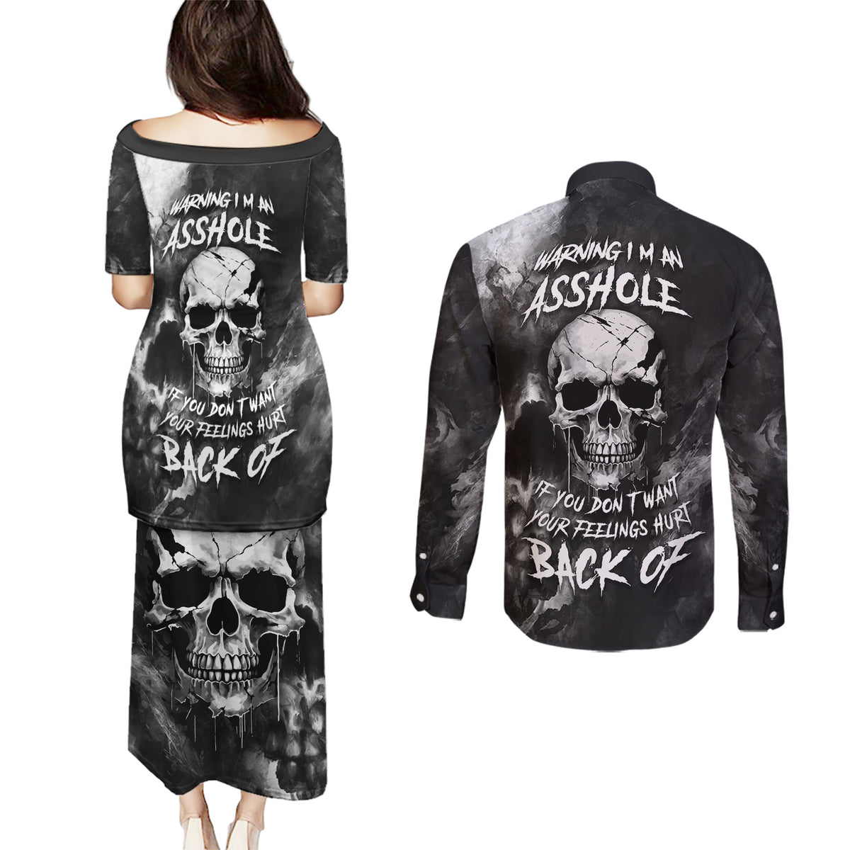 Skull Grunge Pattern Couples Matching Puletasi Dress and Long Sleeve Button Shirts Warning I'm an Asshole - Wonder Print Shop