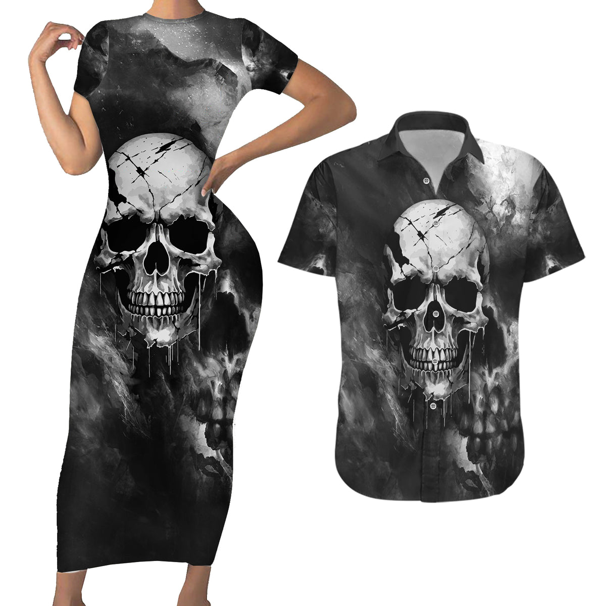 Skull Grunge Pattern Couples Matching Short Sleeve Bodycon Dress and Hawaiian Shirt Warning I'm an Asshole - Wonder Print Shop