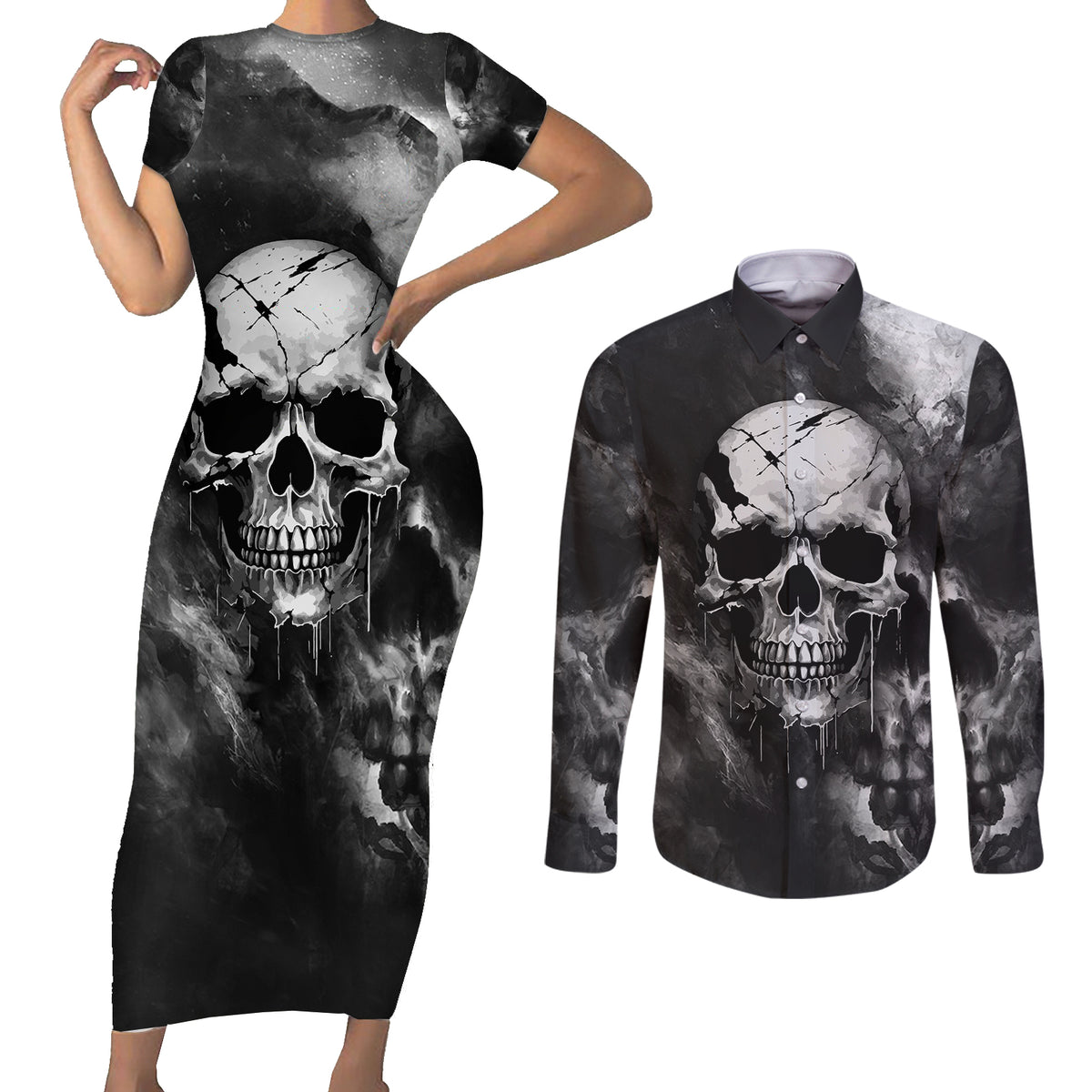 Skull Grunge Pattern Couples Matching Short Sleeve Bodycon Dress and Long Sleeve Button Shirts Warning I'm an Asshole - Wonder Print Shop