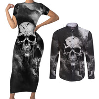 Skull Grunge Pattern Couples Matching Short Sleeve Bodycon Dress and Long Sleeve Button Shirts Warning I'm an Asshole - Wonder Print Shop