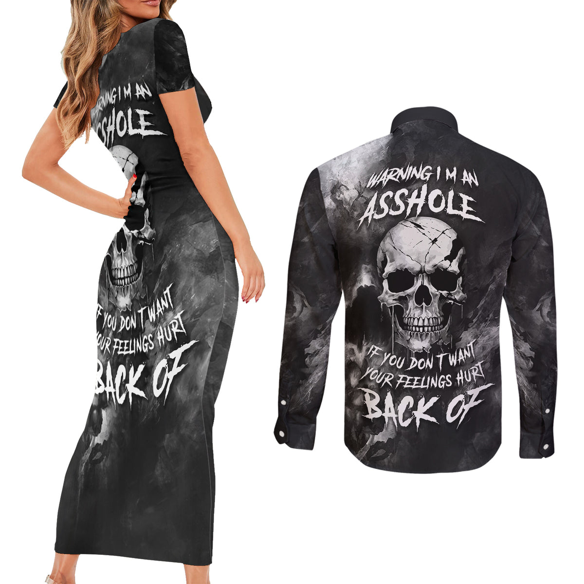 Skull Grunge Pattern Couples Matching Short Sleeve Bodycon Dress and Long Sleeve Button Shirts Warning I'm an Asshole - Wonder Print Shop